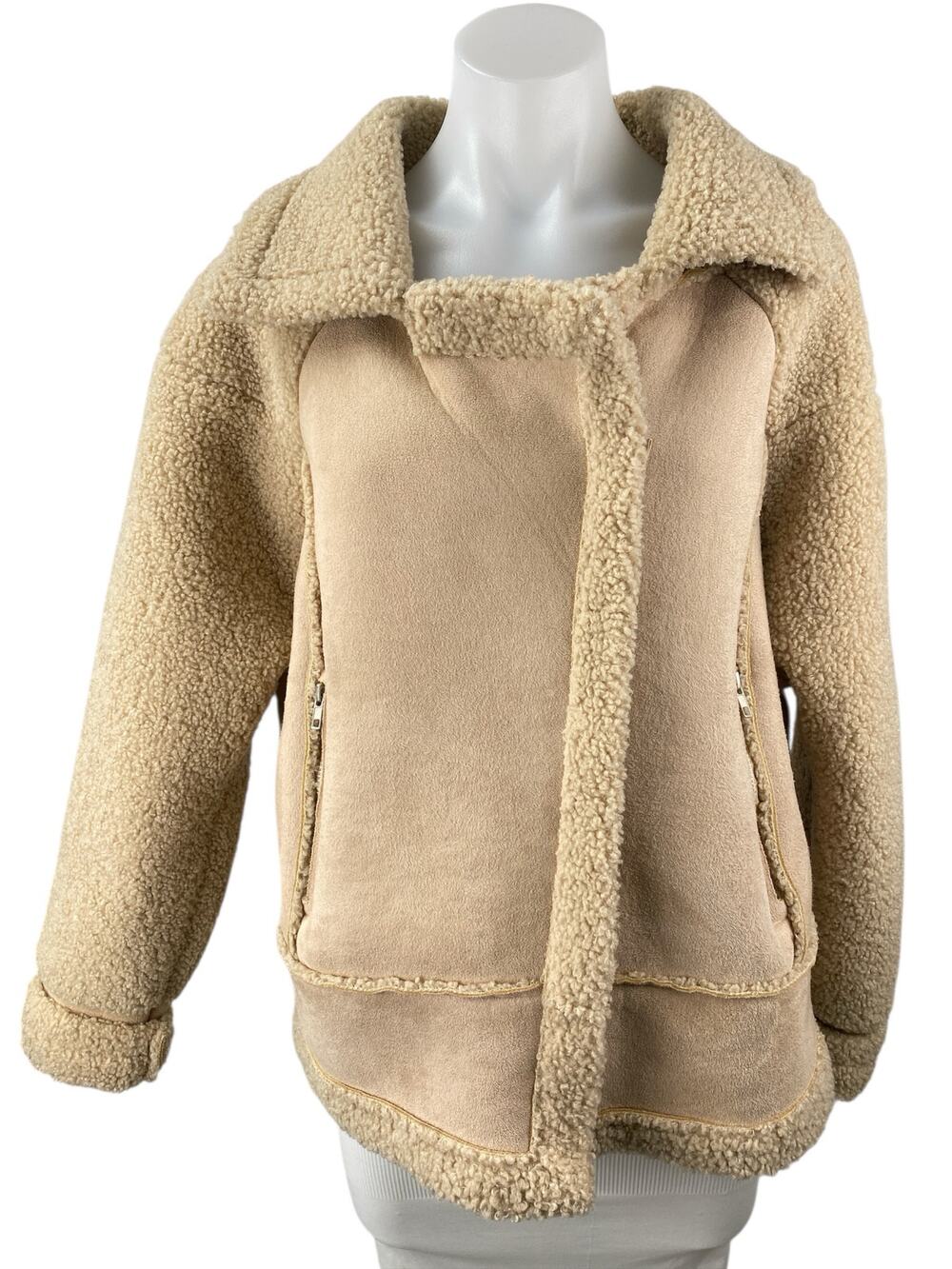 Princess Polly Women's Beige Tan Sherpa Faux Suede Teddy Moto Coat Jacket Size S